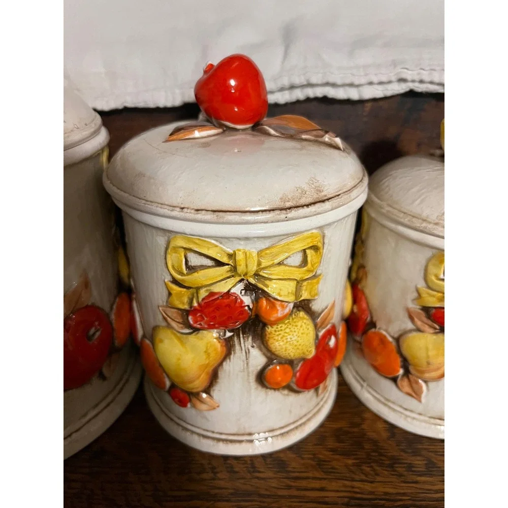 VTG Napcoware Japan 4 Piece Ceramic Fruit Canister Set Cream Grannycore